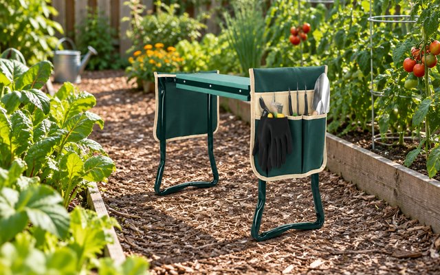 Folding garden kneeler and seat with two tool pouches, set up as a seat on a mulch path between vegetable rows in a backyard garden, tools in its pouches