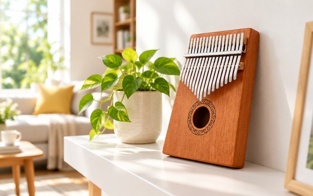 YUNDIE 17-key kalimba, on a living-room shelf