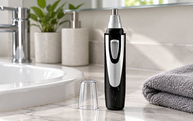 ZORAMI Ear and Nose Hair Trimmer, on a bathroom counter beside a sink and a towel
