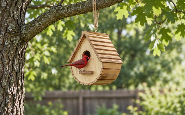 STARSWR hanging birdhouse, hanging from an oak branch in a backyard