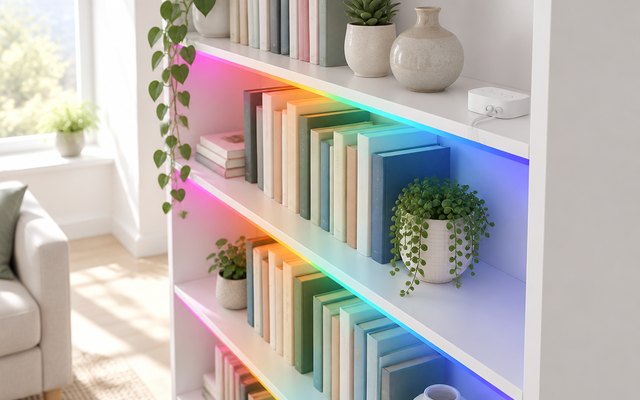 Govee RGBIC LED strip along the shelves of a bookshelf