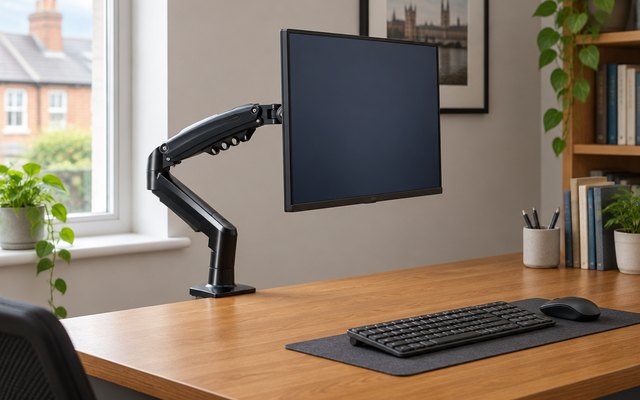 Invision MX200 monitor arm, clamped to the back edge of a wooden desk in a British home office, holding a monitor above a keyboard, its screen showing a plain d