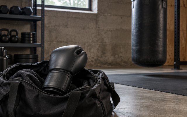 FIVING boxing gloves, on top of an open gym bag on the floor of a basement gym with a heavy bag