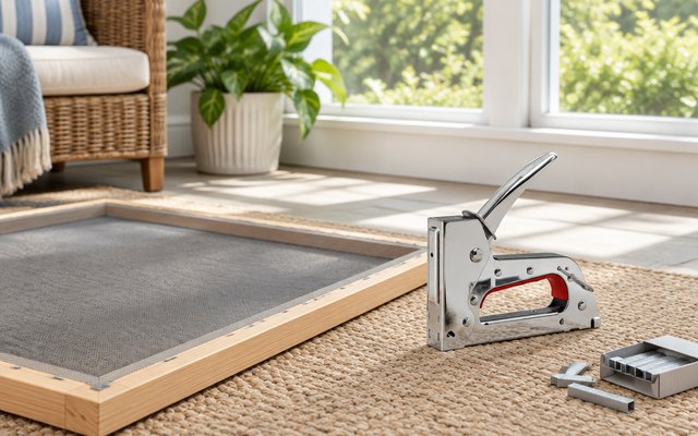 Light-duty staple gun, on the floor of a sunroom beside a wooden window screen frame with fresh mesh stapled on