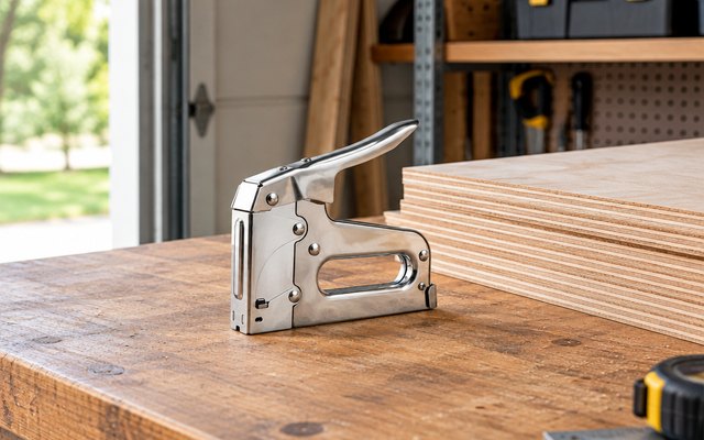 Heavy-duty staple gun, resting on a wooden workbench in a garage beside a stack of plywood