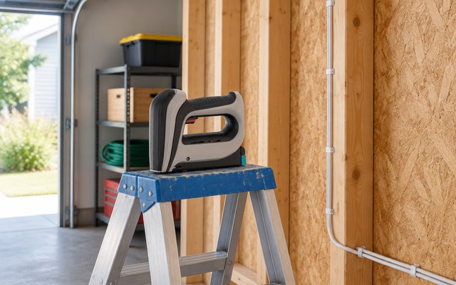 Battery-powered staple gun, on top of a stepladder in a garage beside low-voltage cable neatly stapled along a wooden stud wall, physically realistic