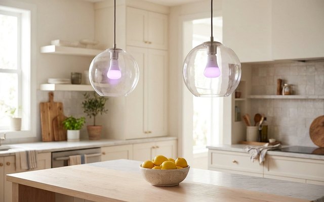 Two colour smart bulbs glowing soft violet in a pair of glass globe pendants over a kitchen island