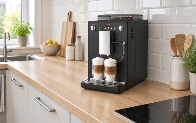Melitta Latticia OT coffee machine, on a narrow worktop in a galley kitchen with a white tiled splashback