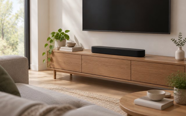 Sonos Beam soundbar on a low wooden TV unit under a wall-mounted television
