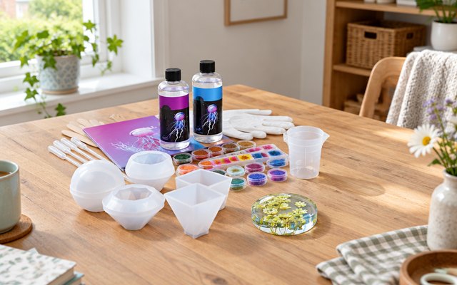 LET'S RESIN starter kit, laid out on a craft table in a bright British spare room, a finished pressed-flower coaster beside it