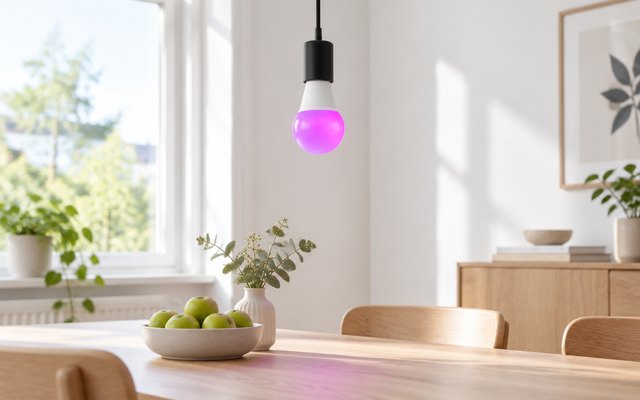 Govee color smart bulb glowing violet in a bare-bulb pendant over a dining table