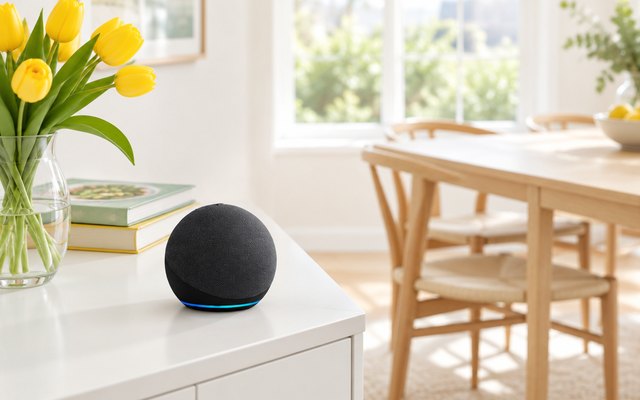 Echo Dot 5th gen in Charcoal, on a sideboard in a sunny dining room
