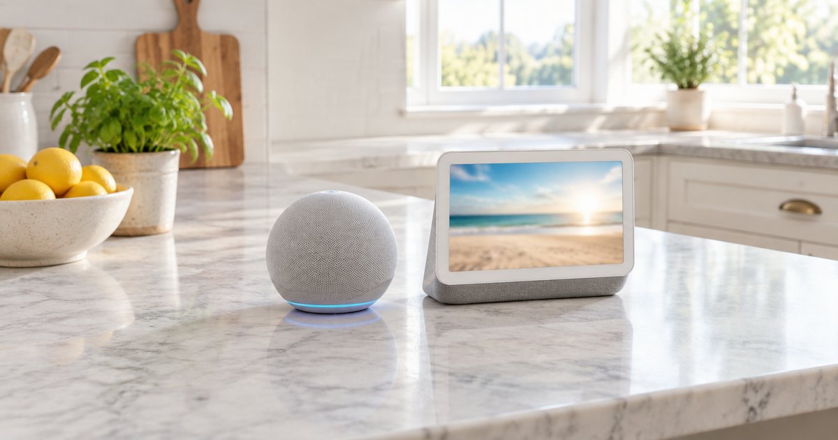 A small round fabric smart speaker with a soft blue light ring beside a small smart display on a bright kitchen worktop