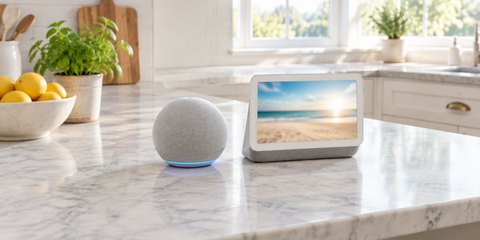 A small round fabric smart speaker with a soft blue light ring beside a small smart display on a bright kitchen counter