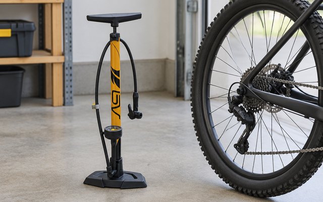 BV floor pump, standing upright on a garage floor beside a bicycle's rear wheel