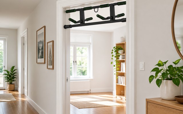 KAKICLAY Multi-Grip Pull Up Bar with Suspension Straps, pull-up bar fitted in a doorway of a bright hallway, seen from a little distance