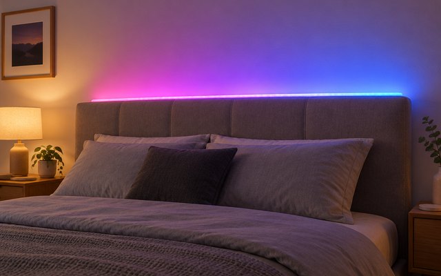 A multicolour LED strip glowing behind a bed headboard