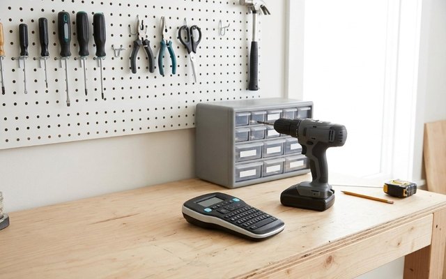 Black handheld label maker on a workshop bench beside a cordless drill and a labelled parts organiser