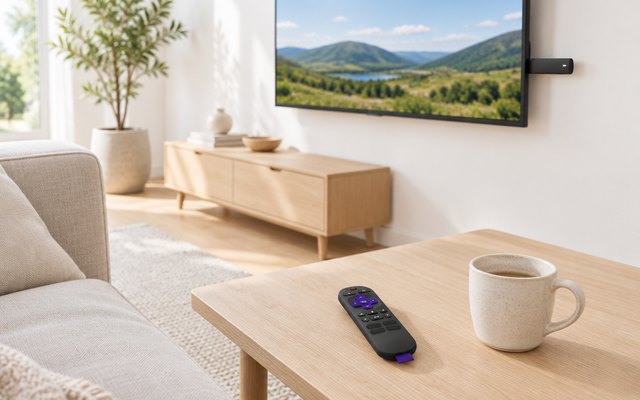 Roku Streaming Stick 4K with its remote, in a bright living room