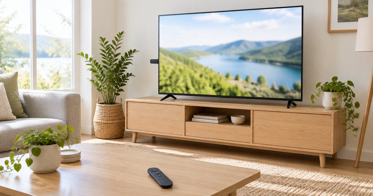 A bright living room with a TV showing a soft landscape, a small streaming stick at its side and a remote on the coffee table