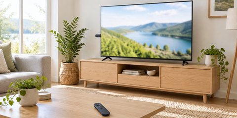 A bright living room with a TV showing a soft landscape, a small streaming stick at its side and a remote on the coffee table