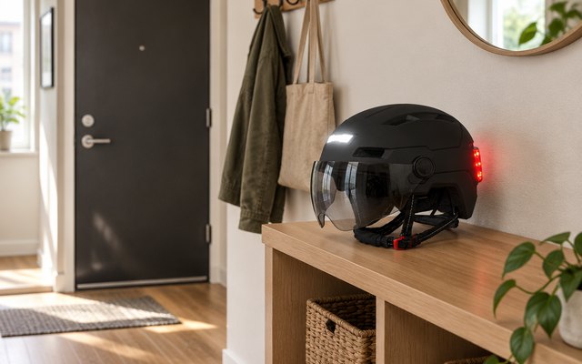 ILM E3-10L helmet, on a shelf by the front door of an apartment hallway, its lights glowing softly