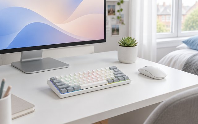 White and grey 60% mechanical keyboard, on a white desk in front of a monitor