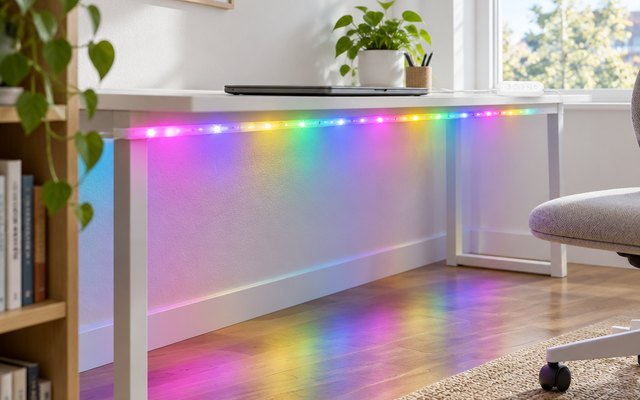 Govee RGBIC LED strip glowing in several colours under a white desk in a home office