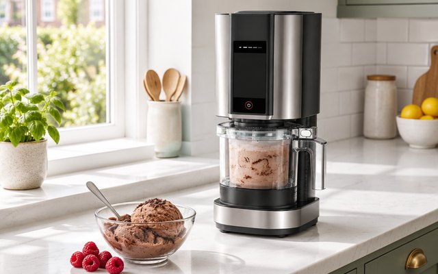 Ninja CREAMi ice cream maker, on a kitchen worktop with a bowl of chocolate ice cream
