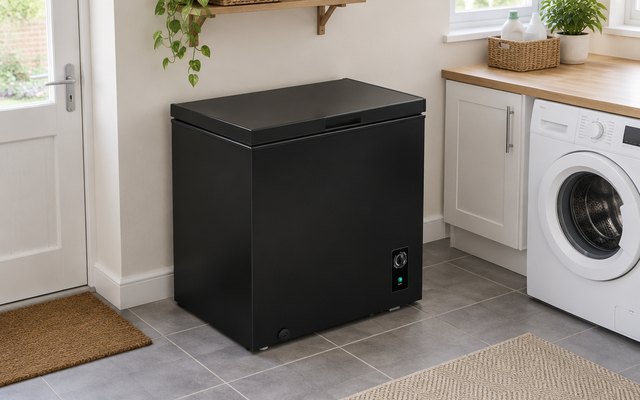 Cookology 99L chest freezer, in a tidy British utility room with a tiled floor and a washing machine nearby, its lid closed