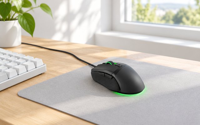 Razer Basilisk V3, on a light gray mouse mat on an oak desk by a sunny window