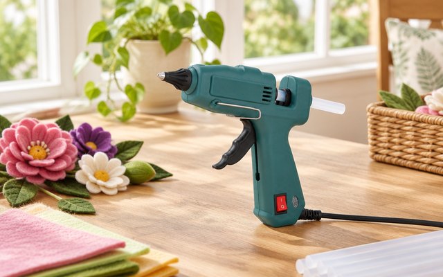 MAXDONE hot glue gun, on a craft table in a bright sunroom beside felt flowers and glue sticks