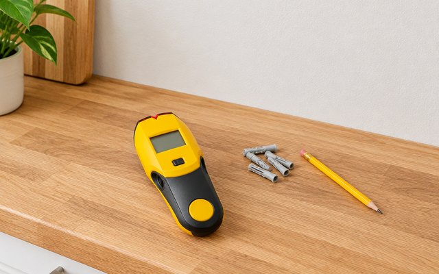 Zircon StudSensor A100, on a kitchen counter beside wall anchors and a pencil, an empty wall above