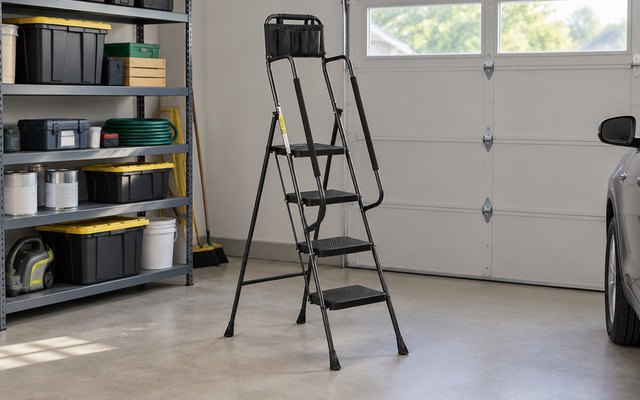 HBTower 4-step ladder, in a tidy two-car garage beside metal storage shelving