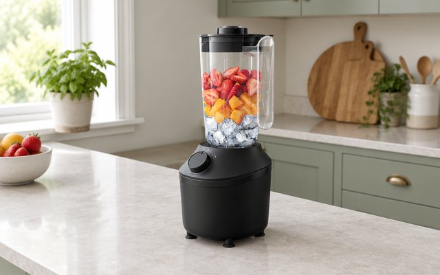 Compact blender, on a pale stone worktop in a British kitchen with sage green cabinets