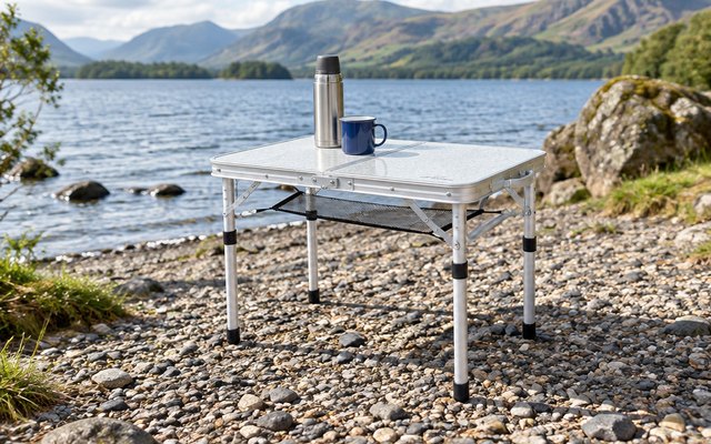 Folding camping table, on a pebbly lakeside shore in the Lake District, a flask and a mug on top