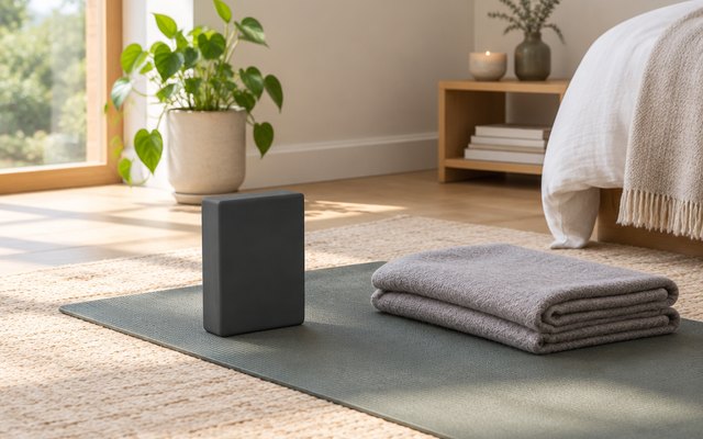 Yoga-Mad full yoga block, beside a folded blanket in a quiet bedroom corner set up for meditation