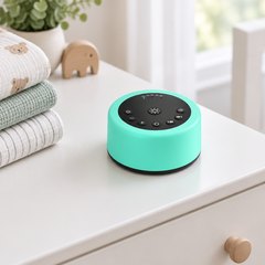 ColourNoise sound machine, on a white nursery dresser beside a stack of folded baby blankets