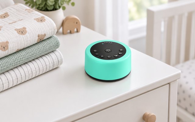 ColourNoise sound machine, on a white nursery dresser beside a stack of folded baby blankets