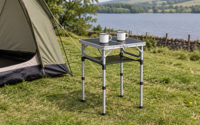 Anbte folding camping table, set up on the grass outside a tent on a British campsite, two enamel mugs on it