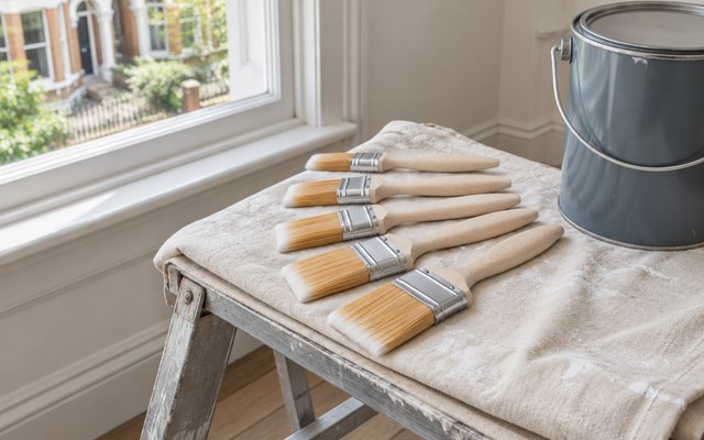 Five wooden-handled paintbrushes on a dust sheet on a stepladder by a sash window