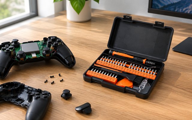 Precision screwdriver set, on a desk beside a game controller opened up for repair