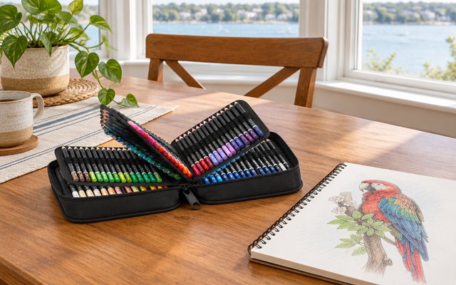 PRINA 120 colored pencils, on a dining table by a bay window