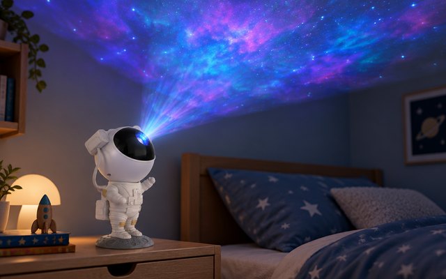 Mooyran astronaut projector, on a children's bedroom nightstand, a soft galaxy glow across the ceiling