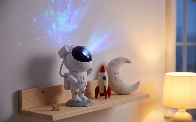 A white astronaut star projector on a wooden wall shelf in a child’s bedroom beside a toy rocket and a plush moon, casting blue and violet stars on the wall