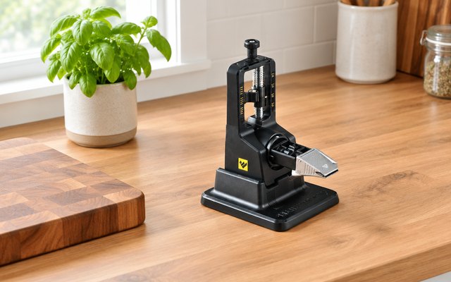 Guided knife sharpening system, standing empty on a wooden kitchen counter beside a cutting board and a potted herb