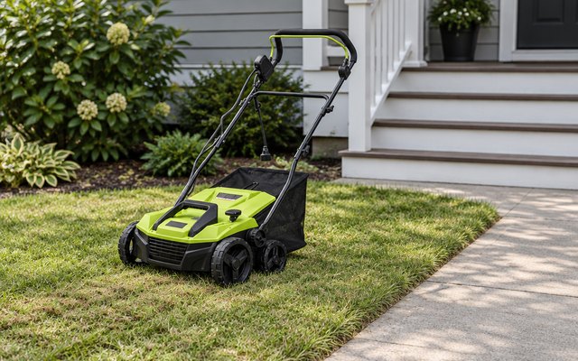 Greenworks corded dethatcher, on a small front lawn beside a concrete path leading to porch steps