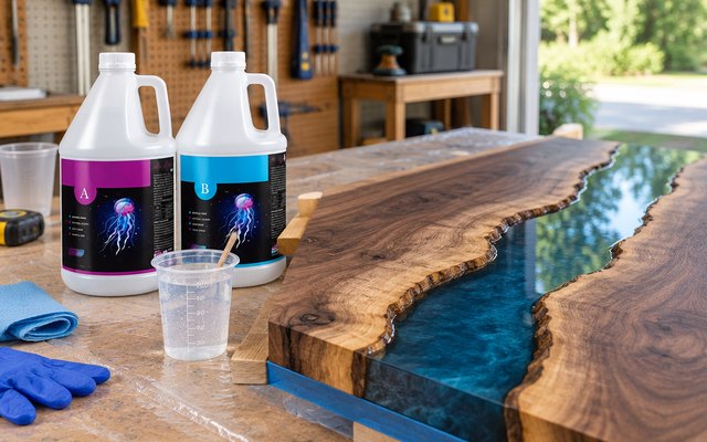 LET'S RESIN epoxy resin kit, on a garage workbench beside a live-edge walnut slab ready for a river table