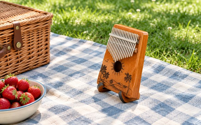ORORA kalimba on its stand, on a picnic blanket in a park