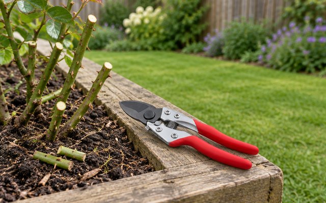 Kimura bypass secateurs, lying on the wooden edge of a raised bed beside a few freshly pruned rose stems, in a British back garden with a lawn and a fence